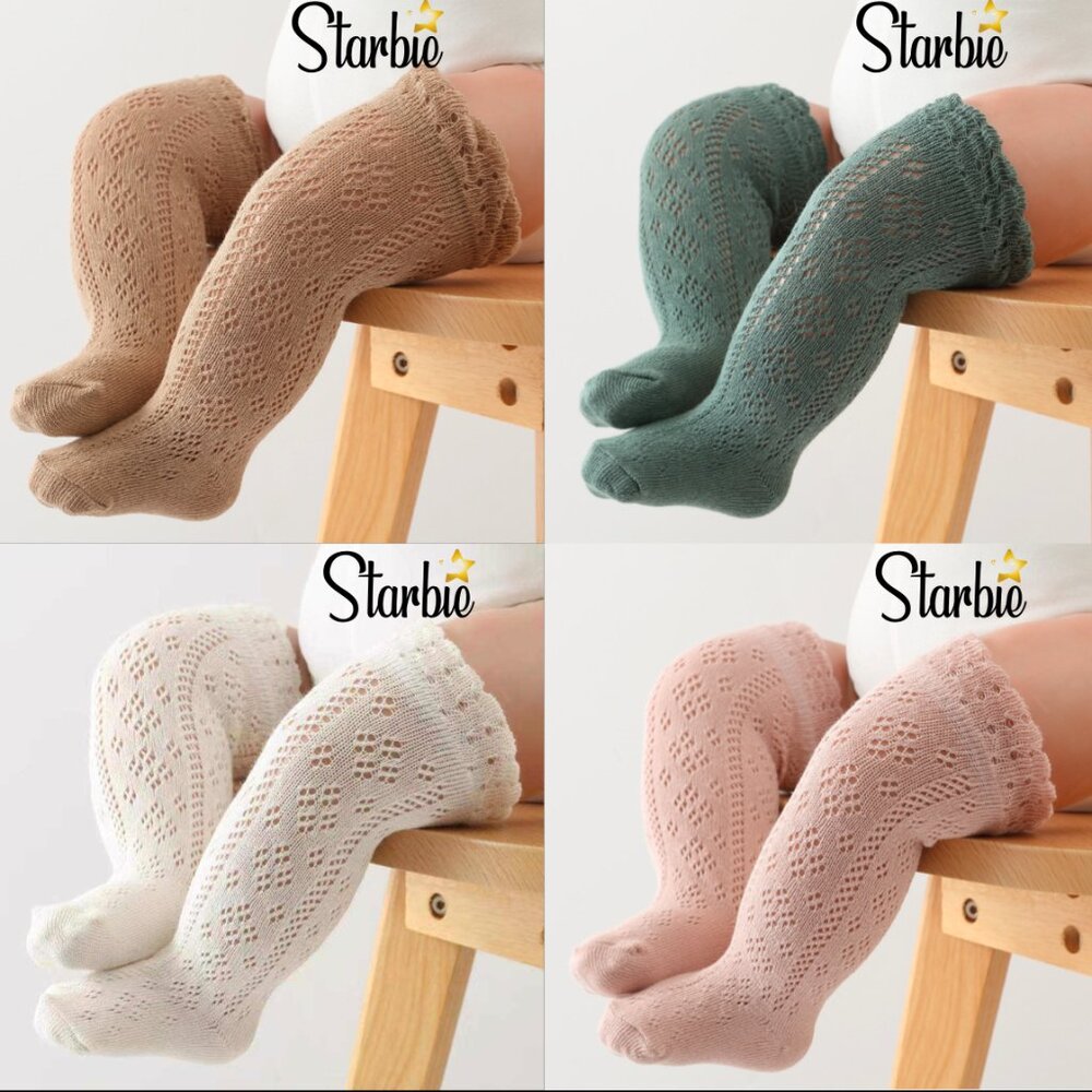 4 Pairs Toddler knee high Socks, Ivory, Beige, Green and Pink baby socks